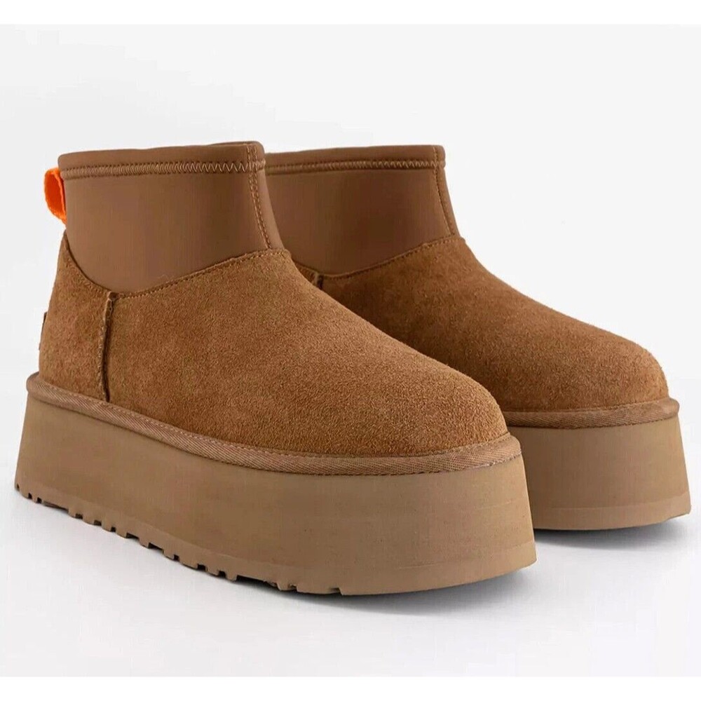 UGG WOMEN'S MINI DIPPER SUEDE PLATFORM BOOTS NIB CHESTNUT